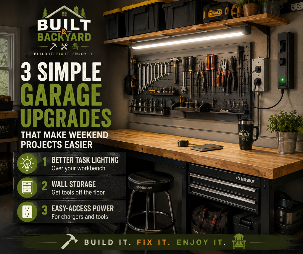 Organized garage workshop with workbench, tool storage, task lighting, and easy-access power upgrades.