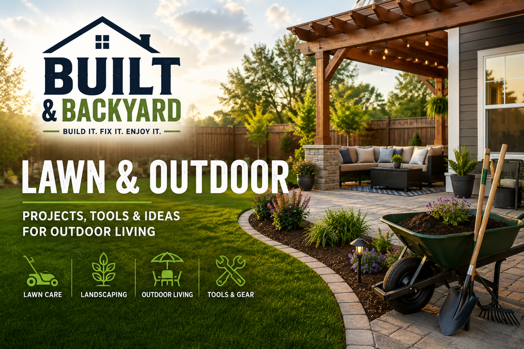 Landscaped backyard with lawn, patio, outdoor living area, and tools for lawn and outdoor projects.