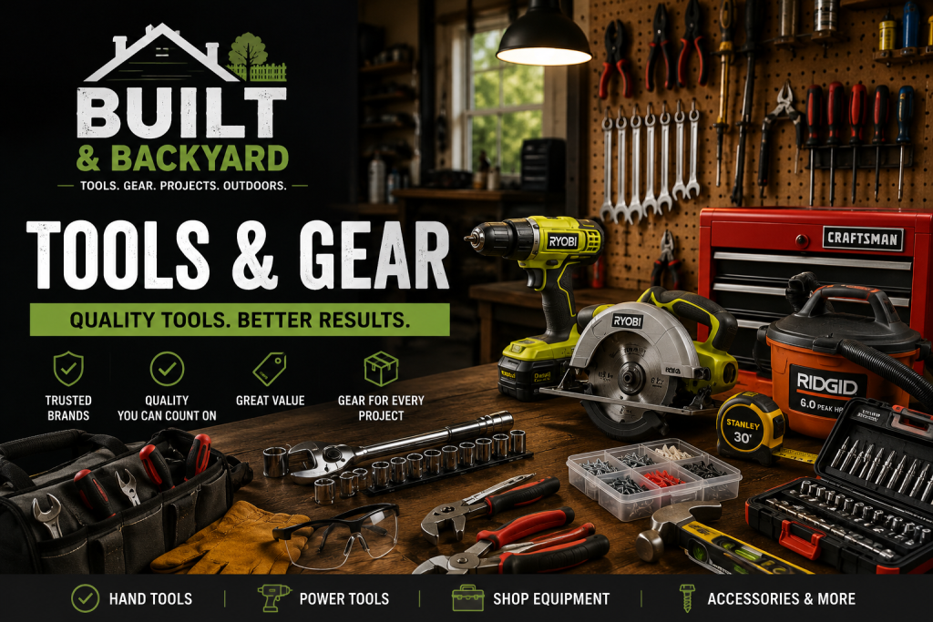 Organized workshop with power tools, hand tools, shop equipment, and accessories for home and DIY projects. 