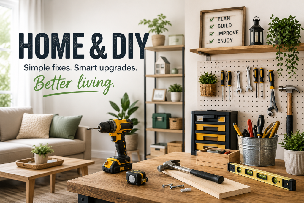 Bright home interior with organized DIY workspace, hand tools, and project supplies. 